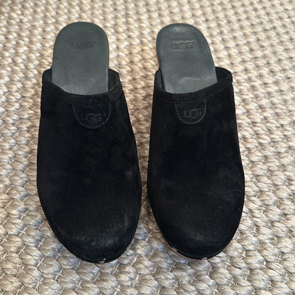 UGGS Black Suede Clogs with Shearling Inside